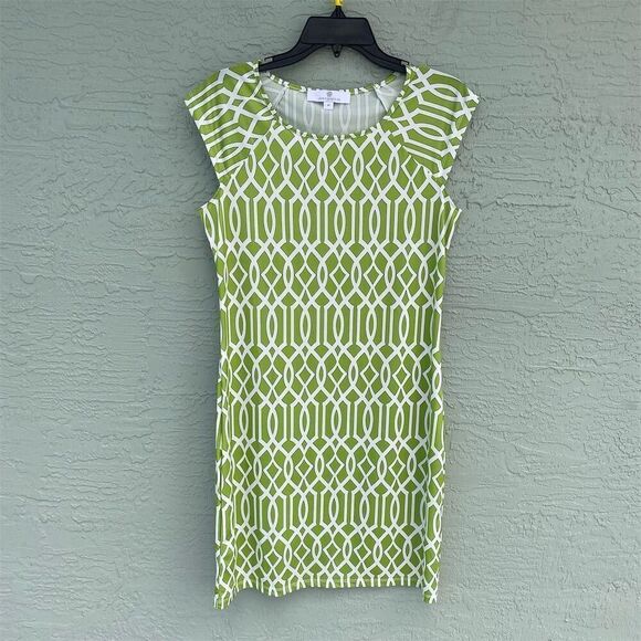Jean-Pierre Klifa Daphne Dress M Green Geometric Knee Length Cap Sleeve - Picture 2 of 10